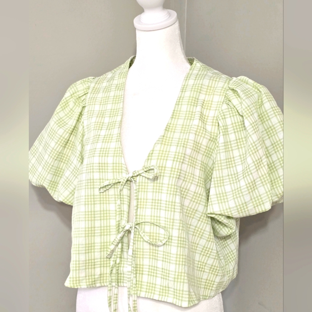 Mable Short Puff Sleeve Printed Tie-Front Top Women's Size S - Picture 2 of 7